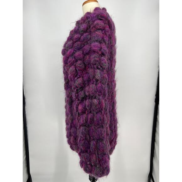 Handmade Mohair 3D Knit Bubble Open Cardigan Sweater Purple Chunky Long Pocket - Picture 5 of 13